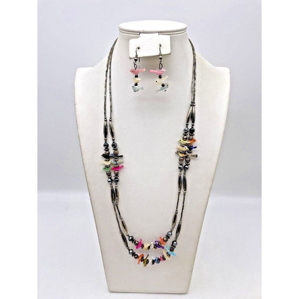 Animal Fetish Bird Double Strand Necklace Dangle Earrings Beaded Silver-tone